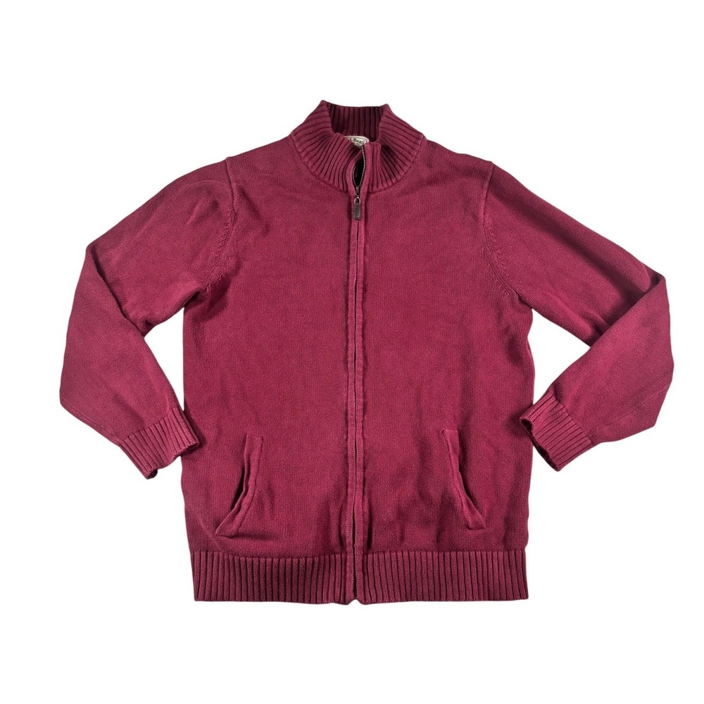 LL Bean Mens Large Tall Full Zip Cotton Cardigan Sweater Burgundy